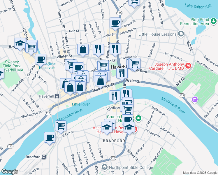 map of restaurants, bars, coffee shops, grocery stores, and more near 6 Merrimack Place in Haverhill