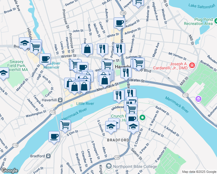 map of restaurants, bars, coffee shops, grocery stores, and more near 6 Merrimack Place in Haverhill