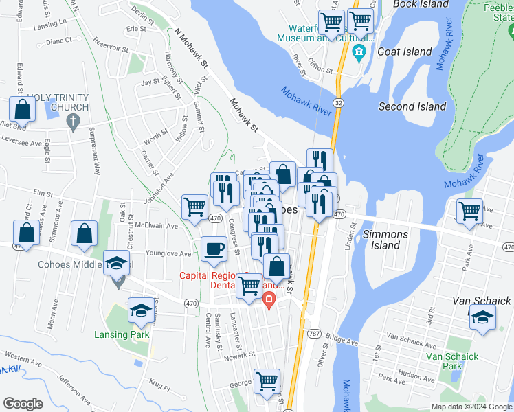 map of restaurants, bars, coffee shops, grocery stores, and more near 109 Remsen Street in Cohoes