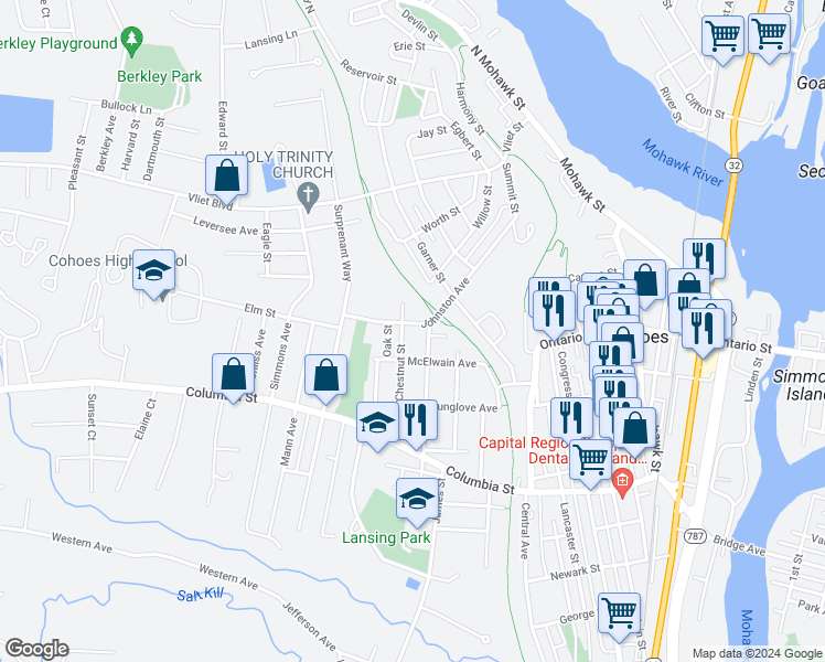 map of restaurants, bars, coffee shops, grocery stores, and more near 15 Broadway in Cohoes