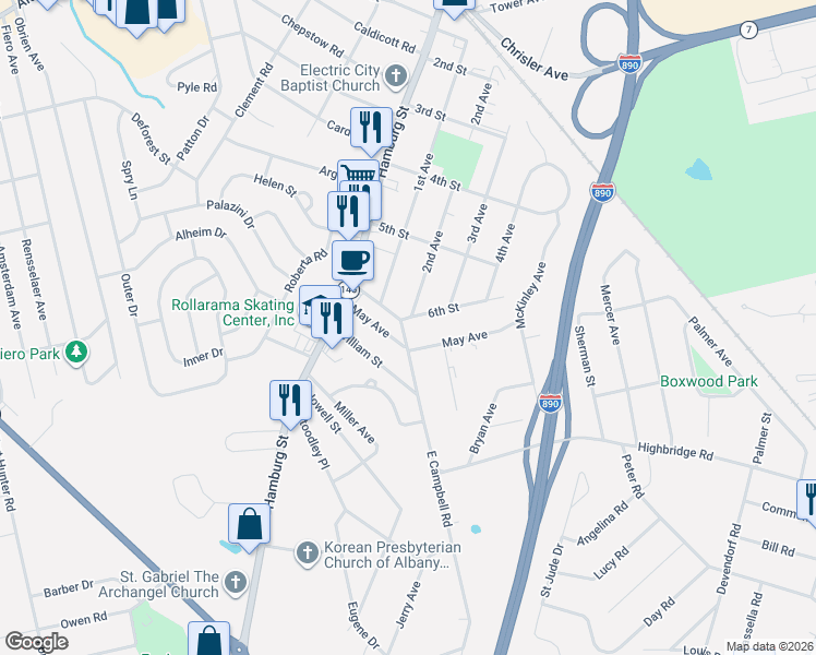 map of restaurants, bars, coffee shops, grocery stores, and more near 255 East Campbell Road in Schenectady