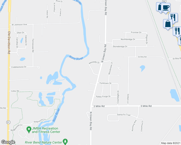 map of restaurants, bars, coffee shops, grocery stores, and more near 4314 Kennedy Drive in Racine