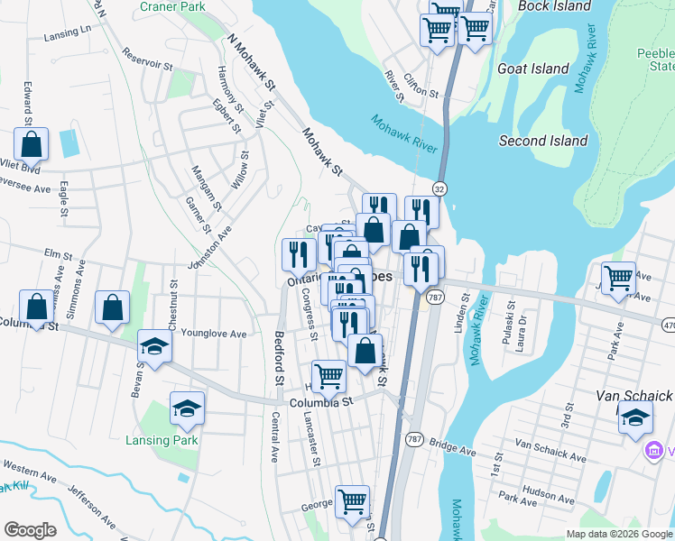map of restaurants, bars, coffee shops, grocery stores, and more near 301 Ontario Street in Cohoes