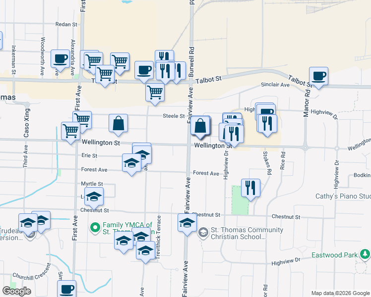 map of restaurants, bars, coffee shops, grocery stores, and more near 24 Fairview Avenue in St. Thomas