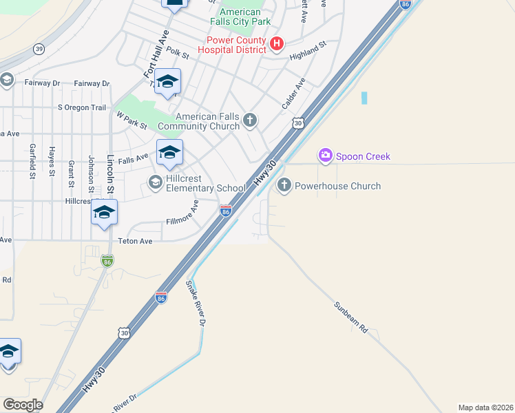 map of restaurants, bars, coffee shops, grocery stores, and more near 2908 Sunbeam Road in American Falls