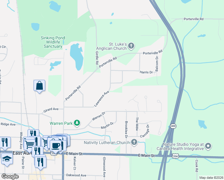 map of restaurants, bars, coffee shops, grocery stores, and more near 899 Lawrence Avenue in East Aurora