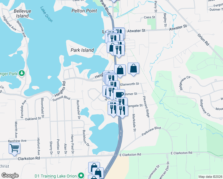map of restaurants, bars, coffee shops, grocery stores, and more near 660 South Lapeer Road in Orion charter Township