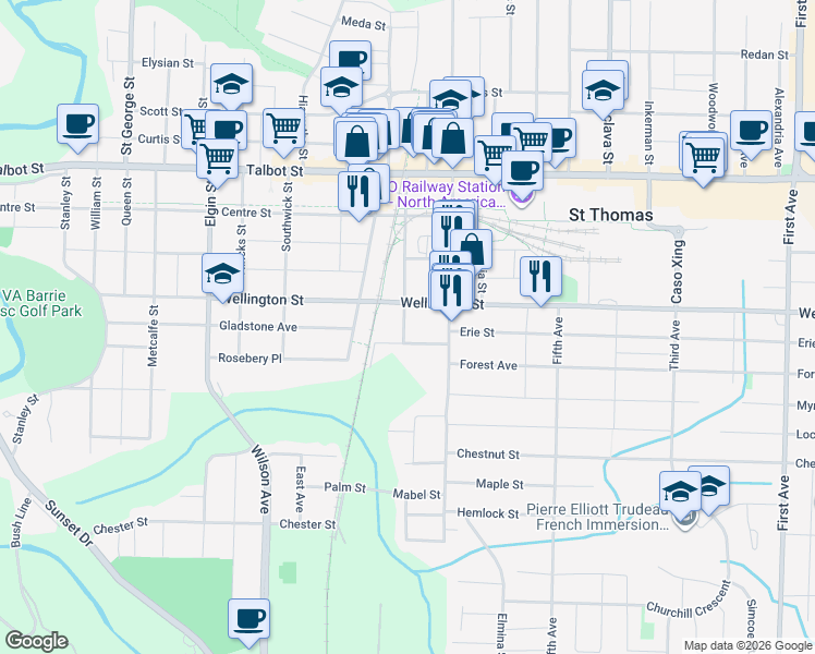 map of restaurants, bars, coffee shops, grocery stores, and more near 83 Moore Street in Saint Thomas