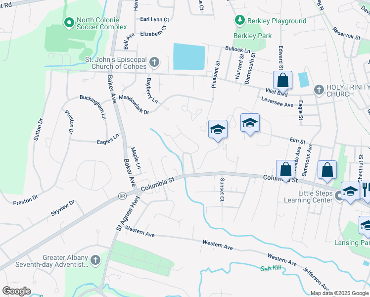map of restaurants, bars, coffee shops, grocery stores, and more near Village Green Drive in Cohoes