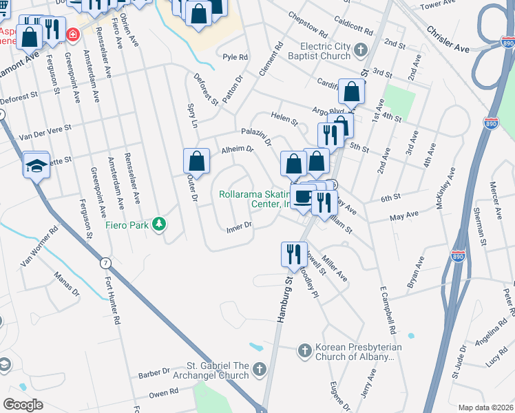 map of restaurants, bars, coffee shops, grocery stores, and more near 1001 Inner Drive in Schenectady
