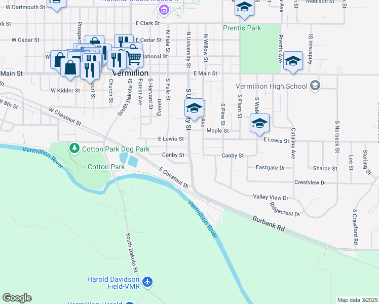 map of restaurants, bars, coffee shops, grocery stores, and more near 402 South University Street in Vermillion