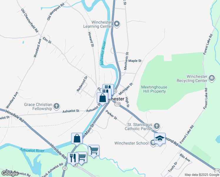 map of restaurants, bars, coffee shops, grocery stores, and more near 9 Elm Street in Winchester