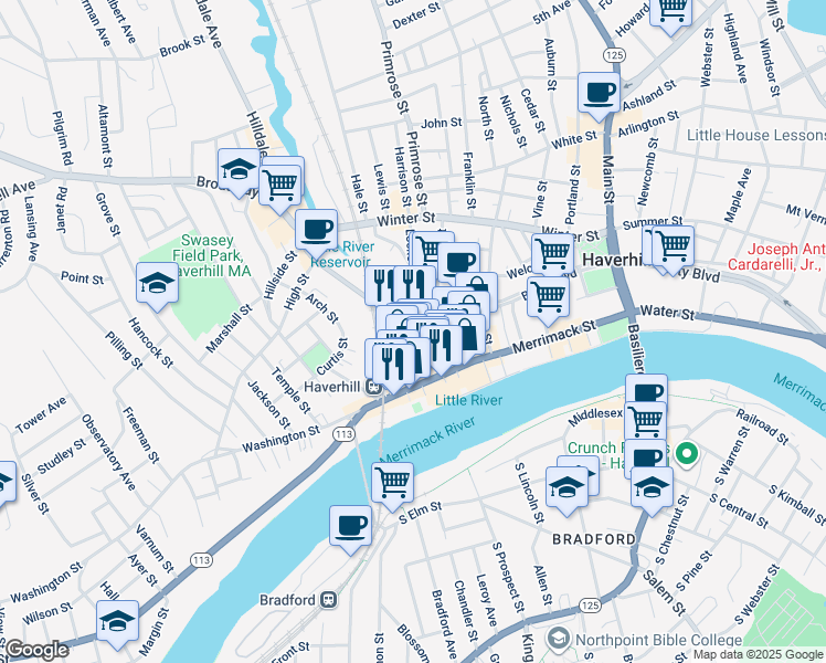 map of restaurants, bars, coffee shops, grocery stores, and more near 45 Wingate Street in Haverhill