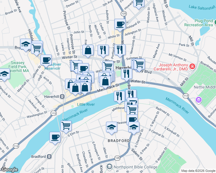 map of restaurants, bars, coffee shops, grocery stores, and more near 6 Merrimack Place in Haverhill