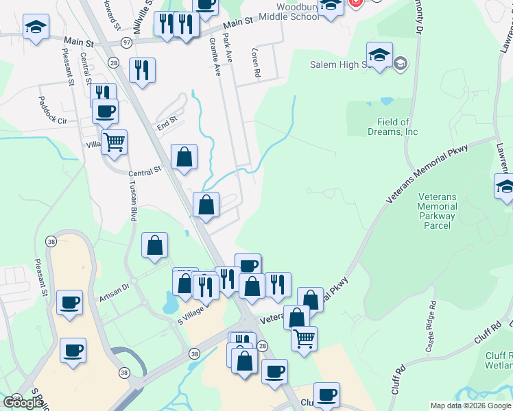 map of restaurants, bars, coffee shops, grocery stores, and more near 18 Westchester Street in Salem