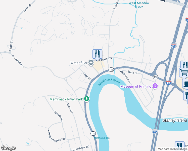 map of restaurants, bars, coffee shops, grocery stores, and more near 1230 River Street in Haverhill