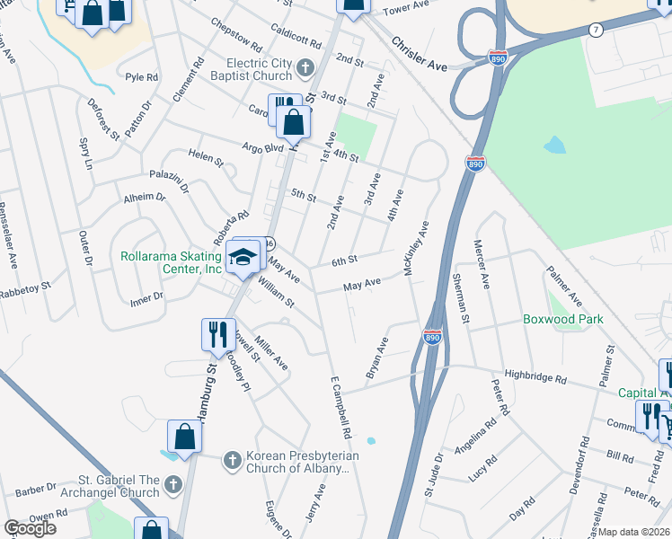 map of restaurants, bars, coffee shops, grocery stores, and more near 325 May Avenue in Schenectady