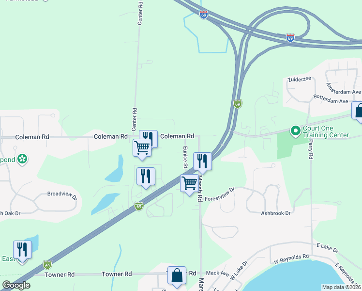 map of restaurants, bars, coffee shops, grocery stores, and more near 16678 Eunice Street in East Lansing
