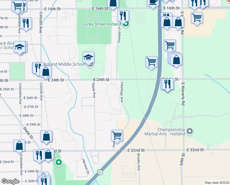 map of restaurants, bars, coffee shops, grocery stores, and more near 630 Hastings Avenue in Holland