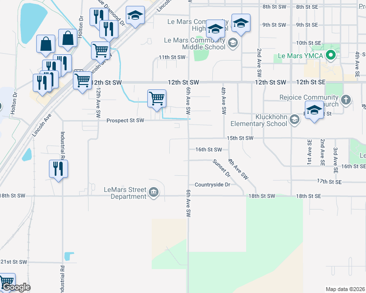 map of restaurants, bars, coffee shops, grocery stores, and more near 1567 6th Avenue Southwest in Le Mars