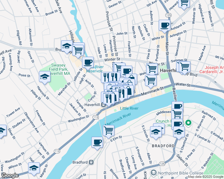 map of restaurants, bars, coffee shops, grocery stores, and more near 104 Essex Street in Haverhill