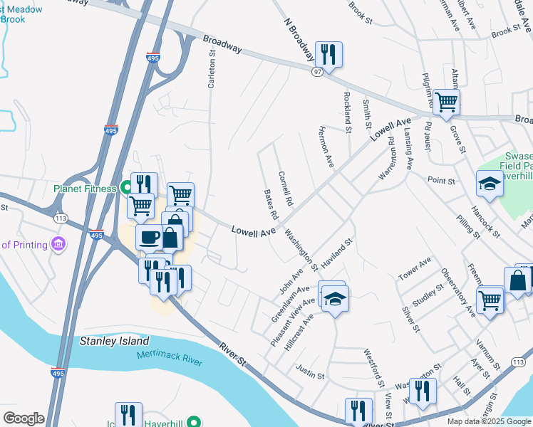map of restaurants, bars, coffee shops, grocery stores, and more near 207 Lowell Avenue in Haverhill