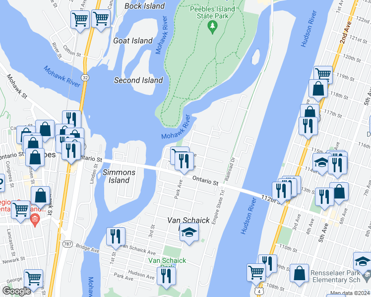 map of restaurants, bars, coffee shops, grocery stores, and more near 73 Park Avenue in Cohoes