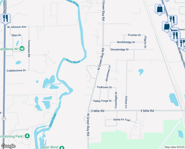 map of restaurants, bars, coffee shops, grocery stores, and more near 4304 Kennedy Drive in Racine