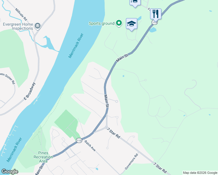 map of restaurants, bars, coffee shops, grocery stores, and more near 90 Massachusetts 113 in Groveland