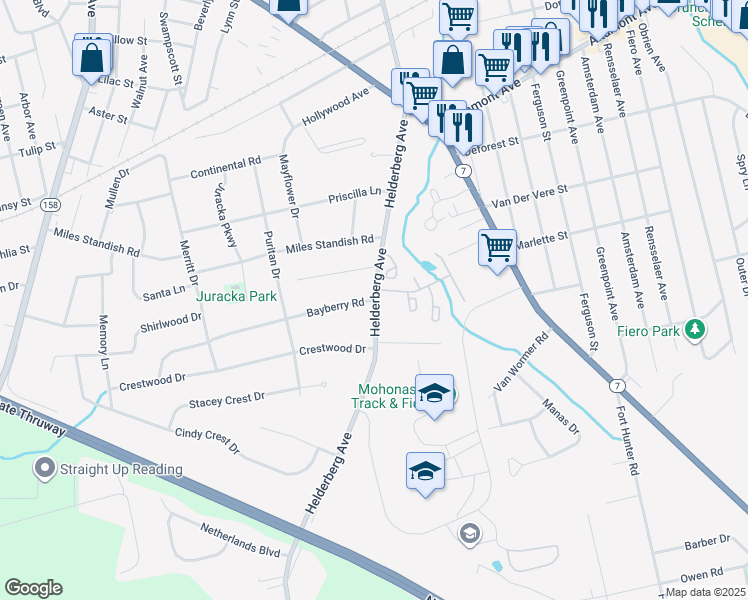 map of restaurants, bars, coffee shops, grocery stores, and more near Helderberg Avenue & Bayberry Road in Schenectady