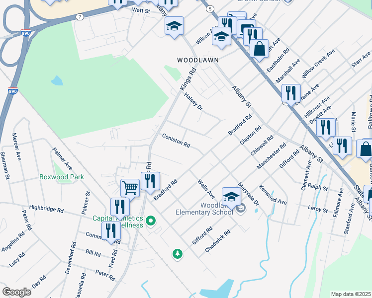 map of restaurants, bars, coffee shops, grocery stores, and more near 2965 Gibson Street in Schenectady
