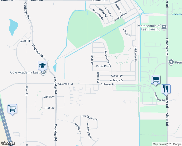 map of restaurants, bars, coffee shops, grocery stores, and more near 3341 Coleman Road in East Lansing