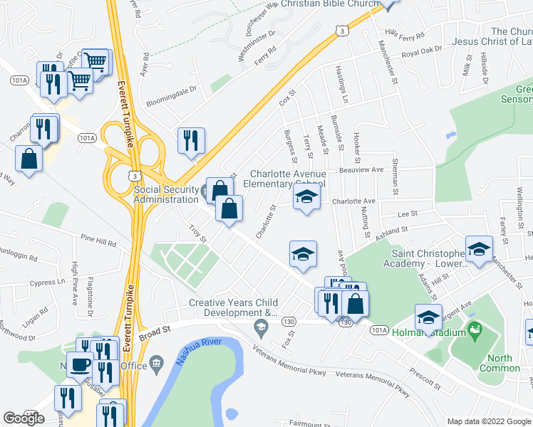 map of restaurants, bars, coffee shops, grocery stores, and more near 2 Charlotte Street in Nashua