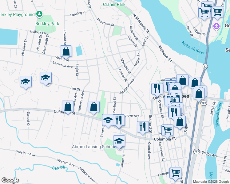 map of restaurants, bars, coffee shops, grocery stores, and more near Johnston Avenue & Chestnut Street in Cohoes