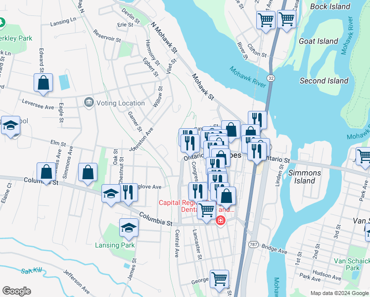 map of restaurants, bars, coffee shops, grocery stores, and more near 9 Sargent Street in Cohoes