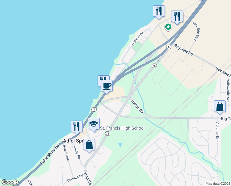 map of restaurants, bars, coffee shops, grocery stores, and more near 4050 Lake Shore Road in Hamburg