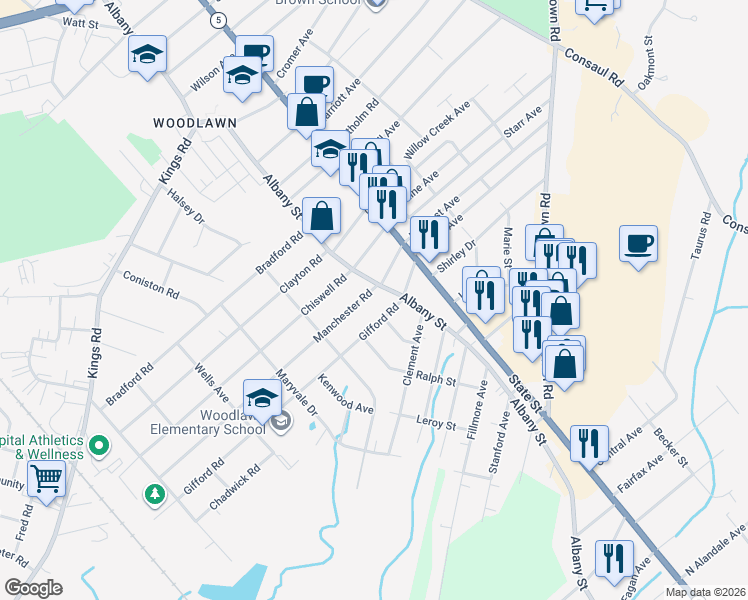 map of restaurants, bars, coffee shops, grocery stores, and more near 144 Gifford Road in Schenectady