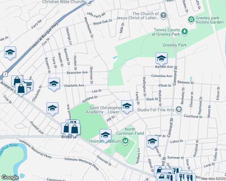 map of restaurants, bars, coffee shops, grocery stores, and more near 2 Ashland Street in Nashua