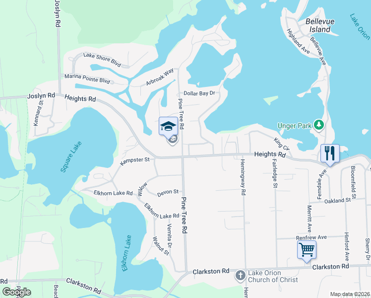map of restaurants, bars, coffee shops, grocery stores, and more near 1011 Heights Road in Orion charter Township