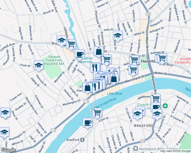 map of restaurants, bars, coffee shops, grocery stores, and more near 1 Washington Avenue in Haverhill