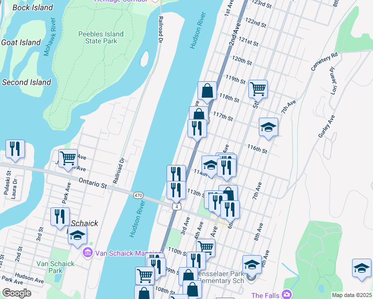 map of restaurants, bars, coffee shops, grocery stores, and more near 546 1st Avenue in Troy