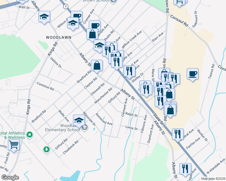 map of restaurants, bars, coffee shops, grocery stores, and more near 144 Gifford Road in Schenectady