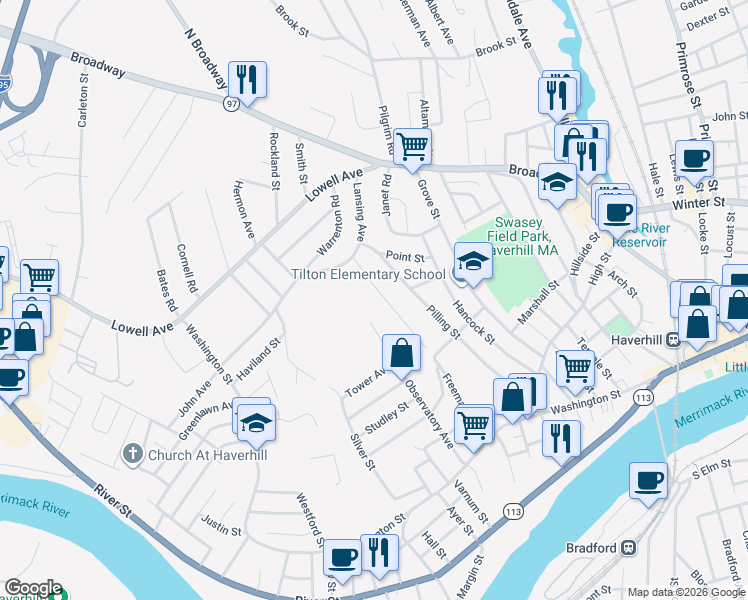 map of restaurants, bars, coffee shops, grocery stores, and more near 116 Freeman Street in Haverhill
