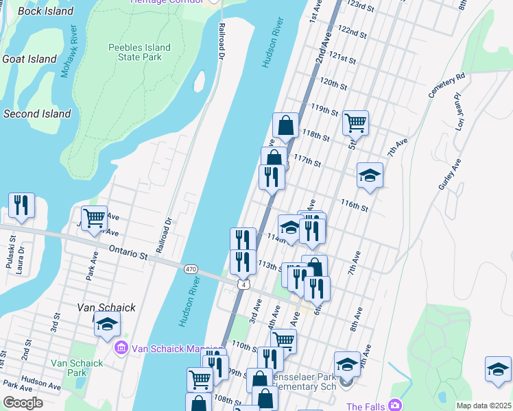 map of restaurants, bars, coffee shops, grocery stores, and more near 4 115th Street in Troy