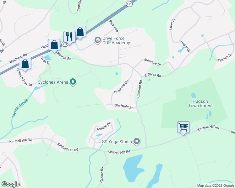 map of restaurants, bars, coffee shops, grocery stores, and more near 23 Bradford Circle in Hudson