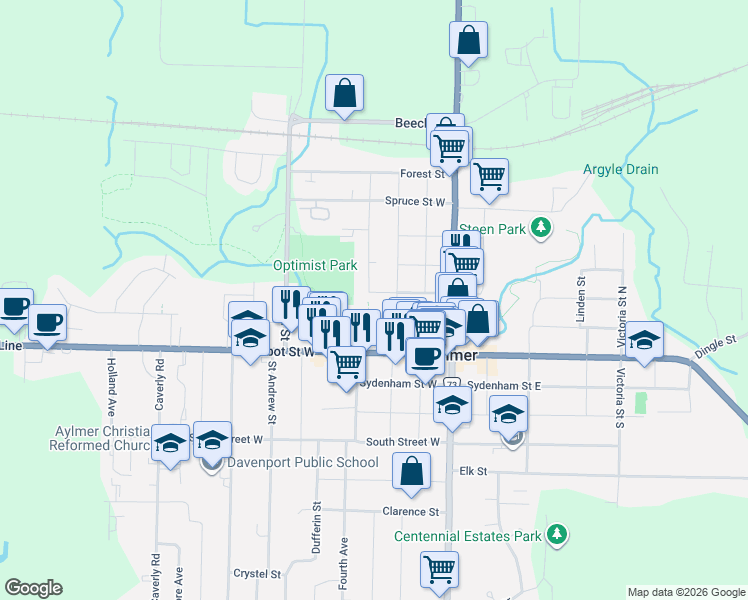map of restaurants, bars, coffee shops, grocery stores, and more near 49 Chestnut Street West in Aylmer
