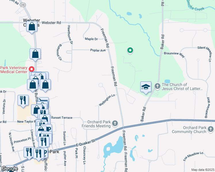 map of restaurants, bars, coffee shops, grocery stores, and more near 16 Thomaston Lane in Orchard Park