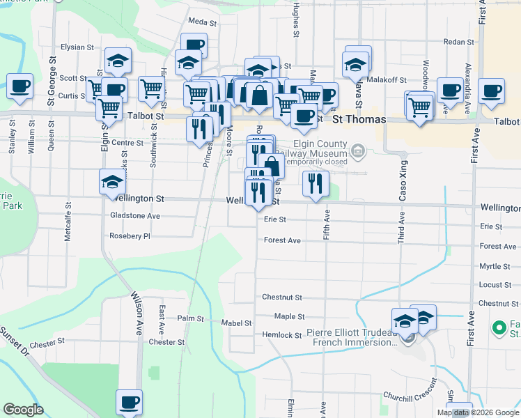 map of restaurants, bars, coffee shops, grocery stores, and more near 137 Ross Street in St. Thomas
