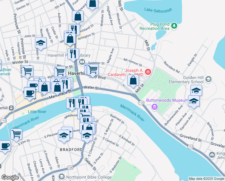 map of restaurants, bars, coffee shops, grocery stores, and more near 160 Water Street in Haverhill