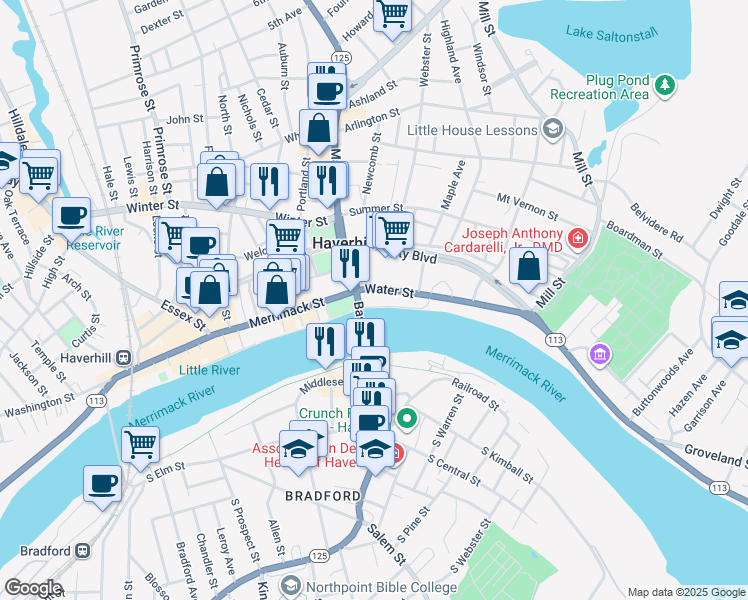 map of restaurants, bars, coffee shops, grocery stores, and more near 18 Merrimack Street in Haverhill